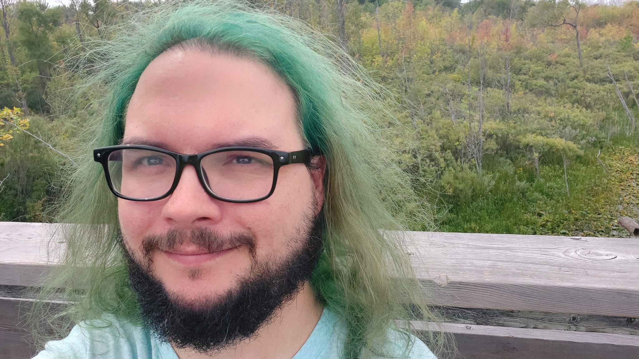 A man with green hair sits on the upper platform of a lookout, marsh is in the background, Photo 1